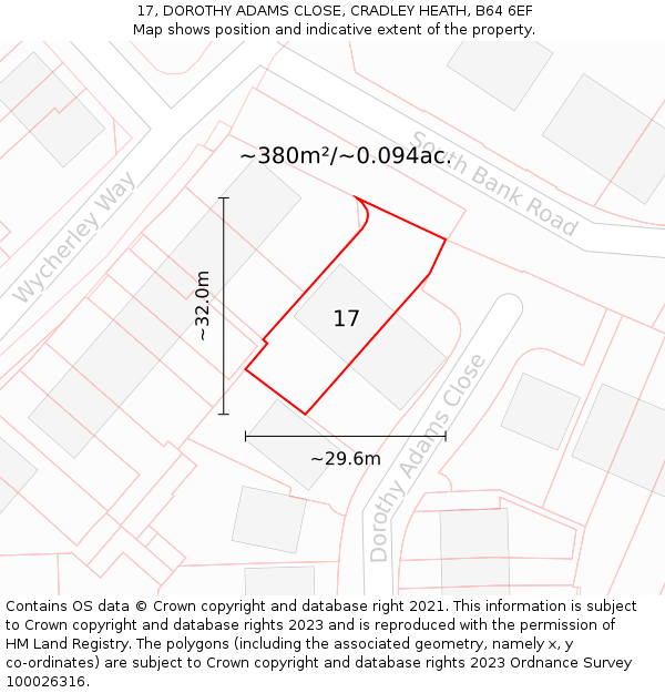 17, DOROTHY ADAMS CLOSE, CRADLEY HEATH, B64 6EF: Plot and title map