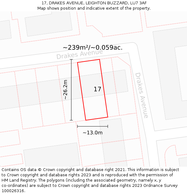 17, DRAKES AVENUE, LEIGHTON BUZZARD, LU7 3AF: Plot and title map