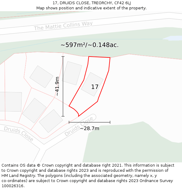 17, DRUIDS CLOSE, TREORCHY, CF42 6LJ: Plot and title map