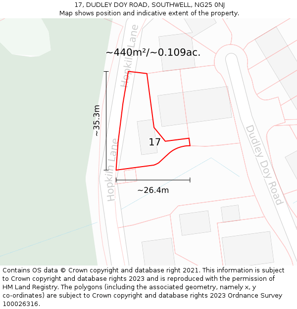 17, DUDLEY DOY ROAD, SOUTHWELL, NG25 0NJ: Plot and title map