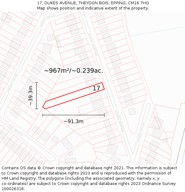 17, DUKES AVENUE, THEYDON BOIS, EPPING, CM16 7HG: Plot and title map