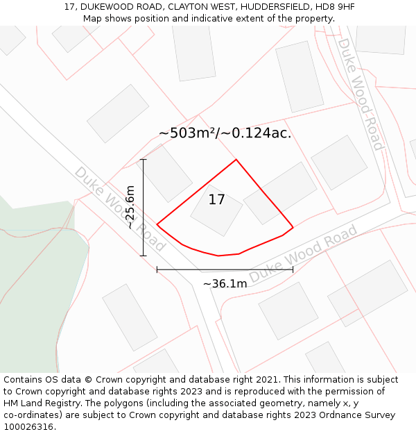 17, DUKEWOOD ROAD, CLAYTON WEST, HUDDERSFIELD, HD8 9HF: Plot and title map