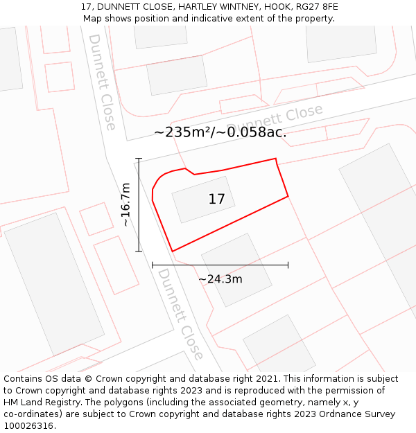 17, DUNNETT CLOSE, HARTLEY WINTNEY, HOOK, RG27 8FE: Plot and title map