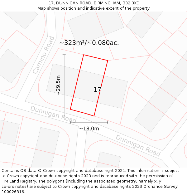 17, DUNNIGAN ROAD, BIRMINGHAM, B32 3XD: Plot and title map