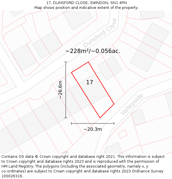 17, DUNSFORD CLOSE, SWINDON, SN1 4PN: Plot and title map