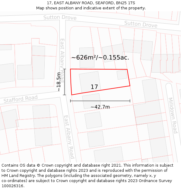 17, EAST ALBANY ROAD, SEAFORD, BN25 1TS: Plot and title map