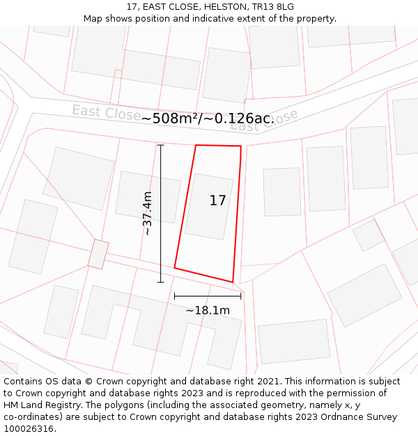 17, EAST CLOSE, HELSTON, TR13 8LG: Plot and title map