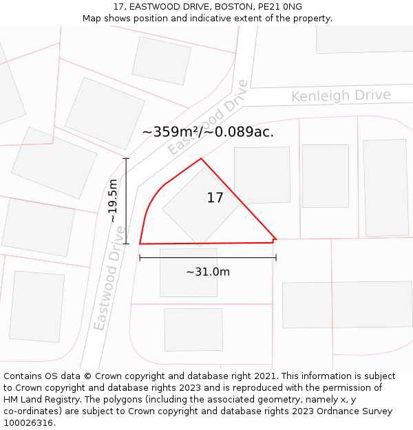 17, EASTWOOD DRIVE, BOSTON, PE21 0NG: Plot and title map