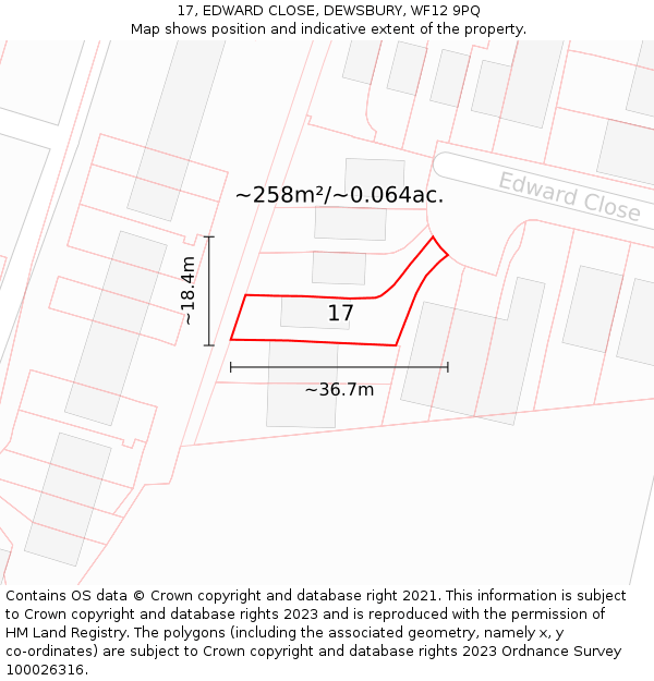 17, EDWARD CLOSE, DEWSBURY, WF12 9PQ: Plot and title map