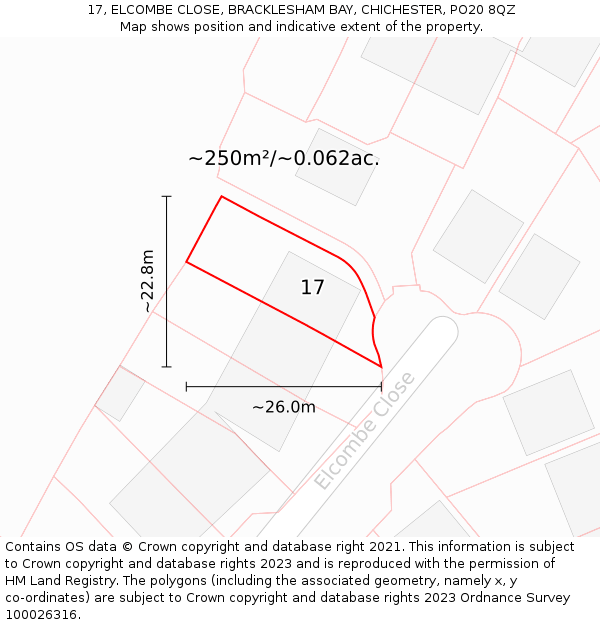 17, ELCOMBE CLOSE, BRACKLESHAM BAY, CHICHESTER, PO20 8QZ: Plot and title map