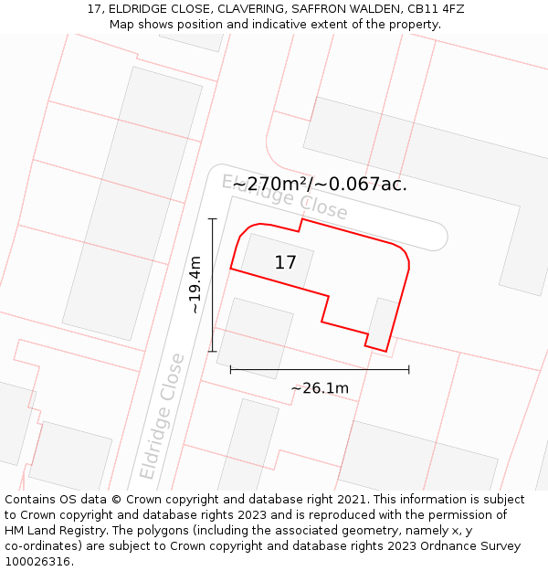 17, ELDRIDGE CLOSE, CLAVERING, SAFFRON WALDEN, CB11 4FZ: Plot and title map