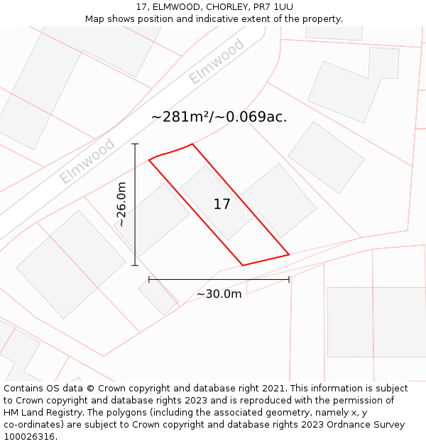 17, ELMWOOD, CHORLEY, PR7 1UU: Plot and title map