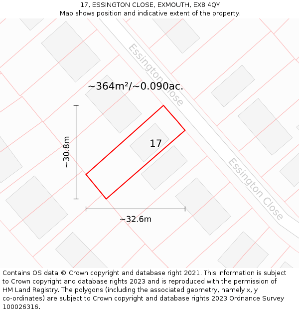 17, ESSINGTON CLOSE, EXMOUTH, EX8 4QY: Plot and title map