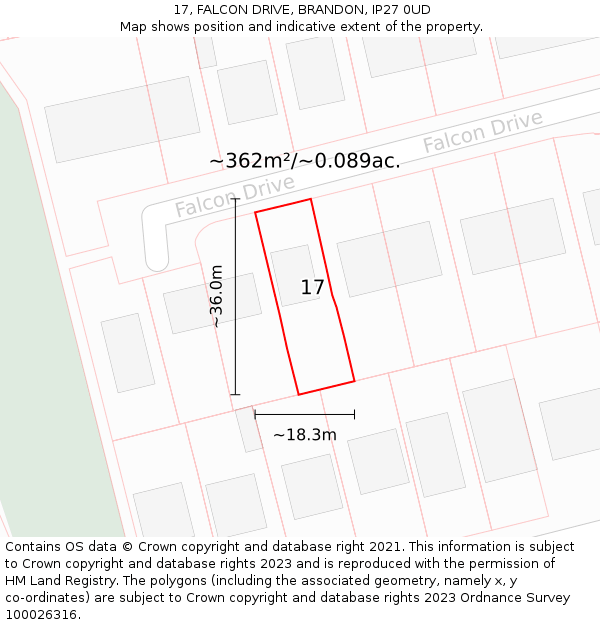 17, FALCON DRIVE, BRANDON, IP27 0UD: Plot and title map