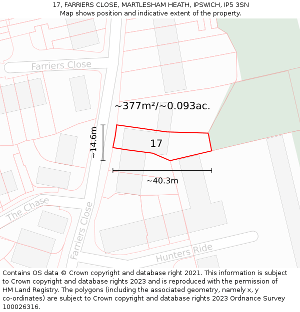 17, FARRIERS CLOSE, MARTLESHAM HEATH, IPSWICH, IP5 3SN: Plot and title map