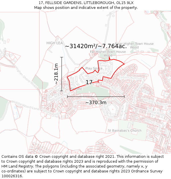 17, FELLSIDE GARDENS, LITTLEBOROUGH, OL15 9LX: Plot and title map