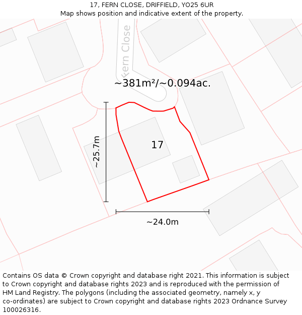 17, FERN CLOSE, DRIFFIELD, YO25 6UR: Plot and title map