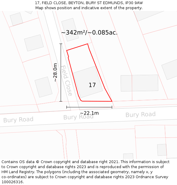 17, FIELD CLOSE, BEYTON, BURY ST EDMUNDS, IP30 9AW: Plot and title map