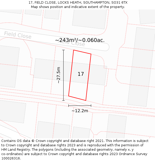 17, FIELD CLOSE, LOCKS HEATH, SOUTHAMPTON, SO31 6TX: Plot and title map