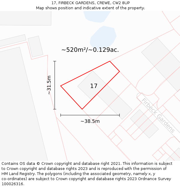 17, FIRBECK GARDENS, CREWE, CW2 8UP: Plot and title map