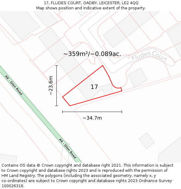 17, FLUDES COURT, OADBY, LEICESTER, LE2 4QQ: Plot and title map