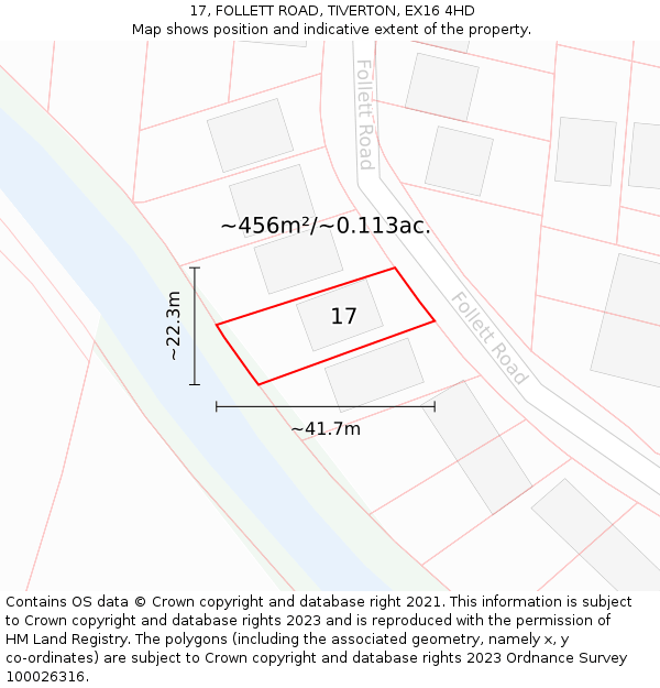 17, FOLLETT ROAD, TIVERTON, EX16 4HD: Plot and title map