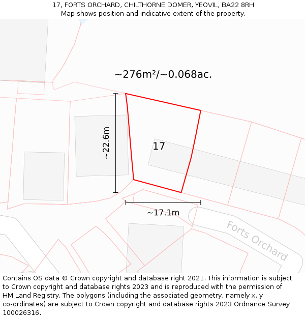 17, FORTS ORCHARD, CHILTHORNE DOMER, YEOVIL, BA22 8RH: Plot and title map