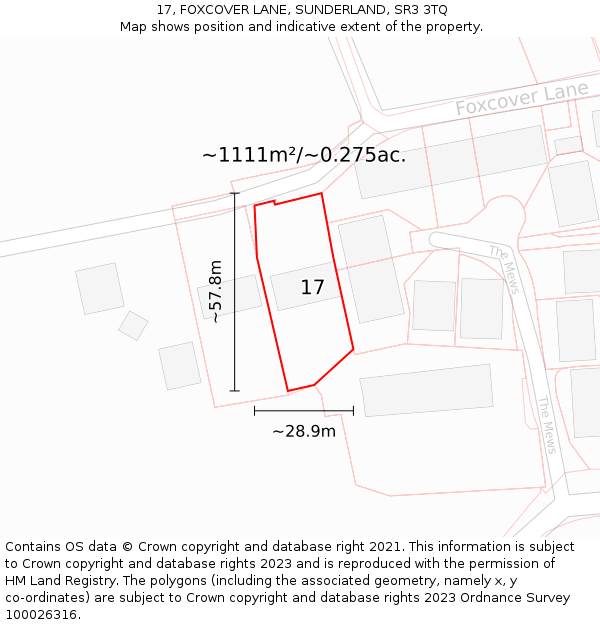 17, FOXCOVER LANE, SUNDERLAND, SR3 3TQ: Plot and title map