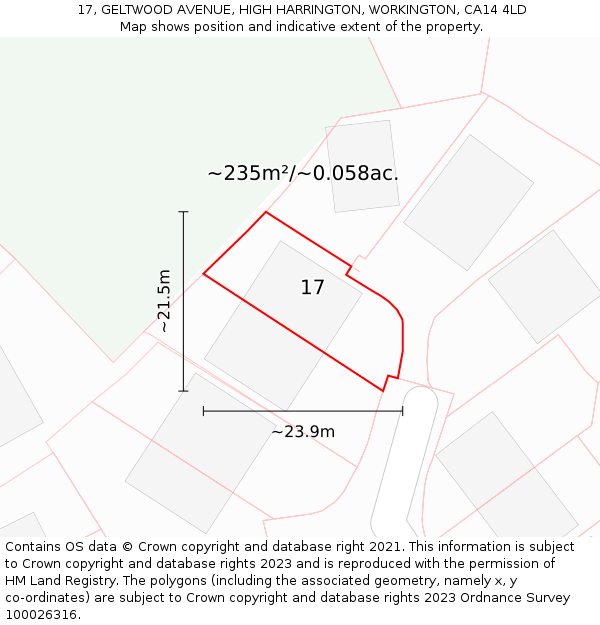 17, GELTWOOD AVENUE, HIGH HARRINGTON, WORKINGTON, CA14 4LD: Plot and title map