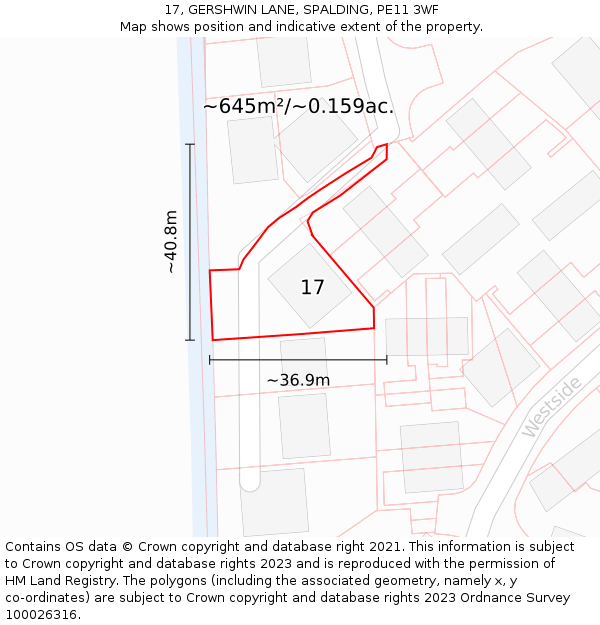 17, GERSHWIN LANE, SPALDING, PE11 3WF: Plot and title map