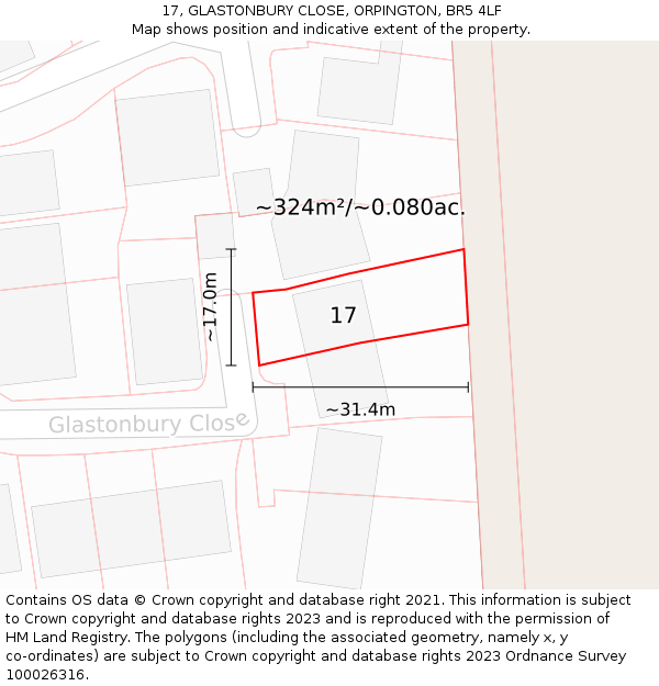 17, GLASTONBURY CLOSE, ORPINGTON, BR5 4LF: Plot and title map