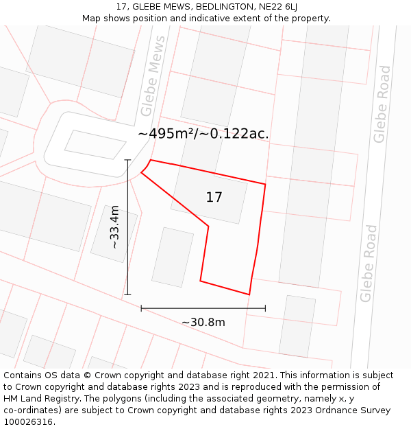 17, GLEBE MEWS, BEDLINGTON, NE22 6LJ: Plot and title map