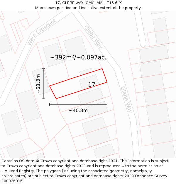 17, GLEBE WAY, OAKHAM, LE15 6LX: Plot and title map