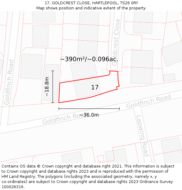 17, GOLDCREST CLOSE, HARTLEPOOL, TS26 0RY: Plot and title map