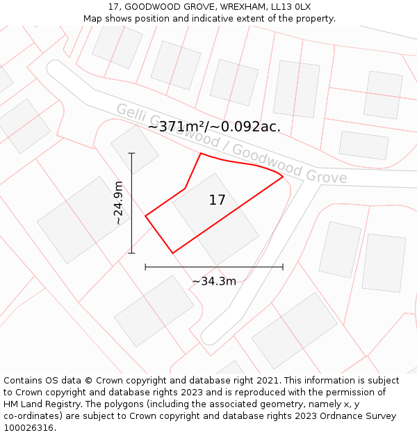 17, GOODWOOD GROVE, WREXHAM, LL13 0LX: Plot and title map