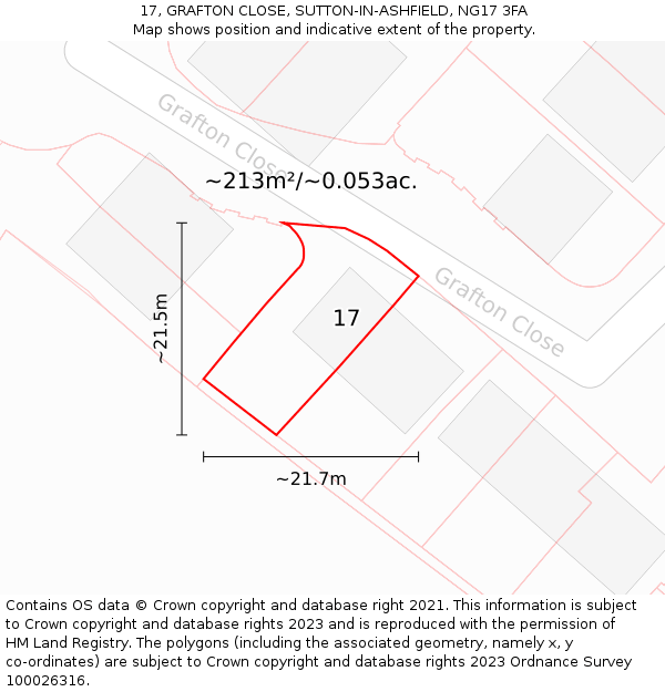 17, GRAFTON CLOSE, SUTTON-IN-ASHFIELD, NG17 3FA: Plot and title map