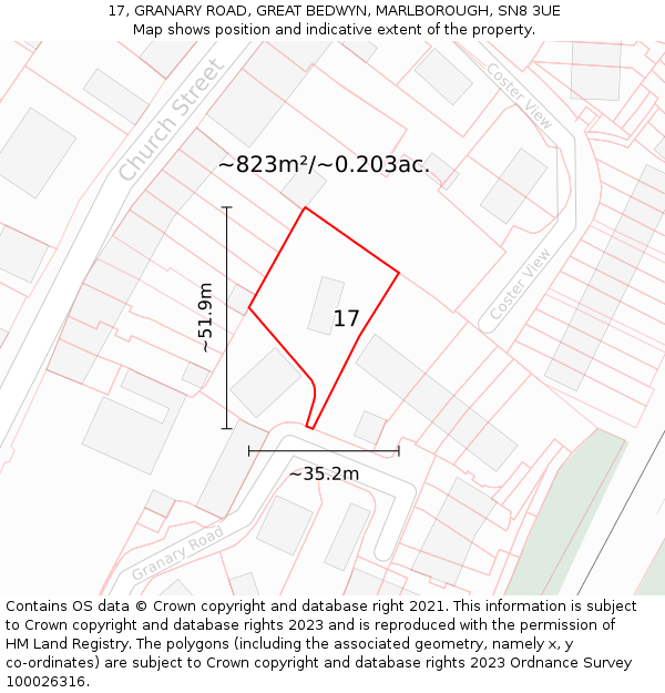 17, GRANARY ROAD, GREAT BEDWYN, MARLBOROUGH, SN8 3UE: Plot and title map