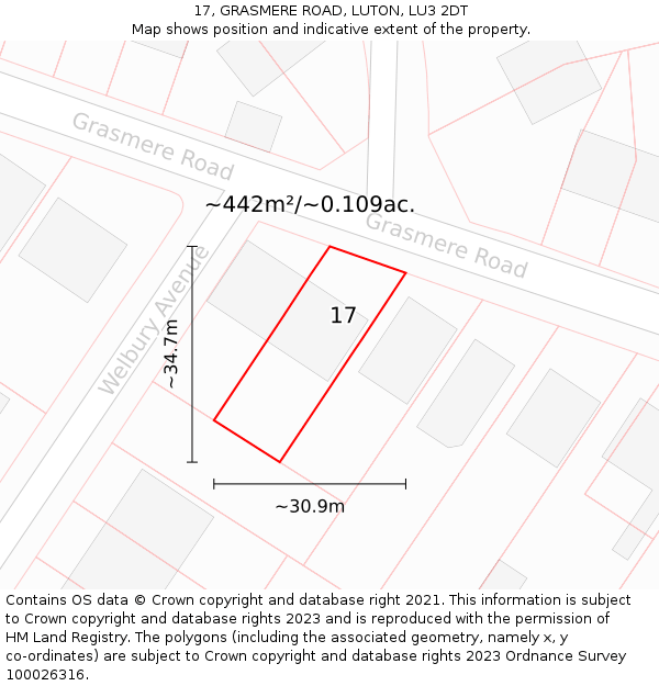 17, GRASMERE ROAD, LUTON, LU3 2DT: Plot and title map