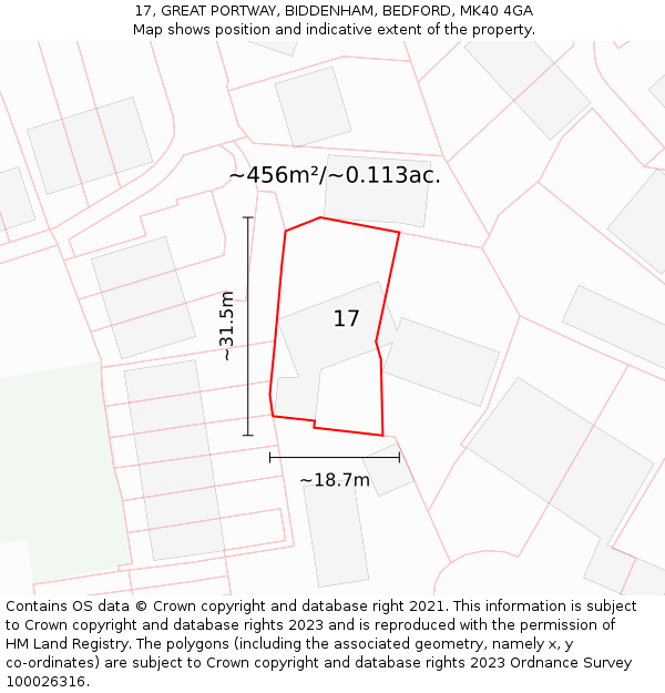 17, GREAT PORTWAY, BIDDENHAM, BEDFORD, MK40 4GA: Plot and title map