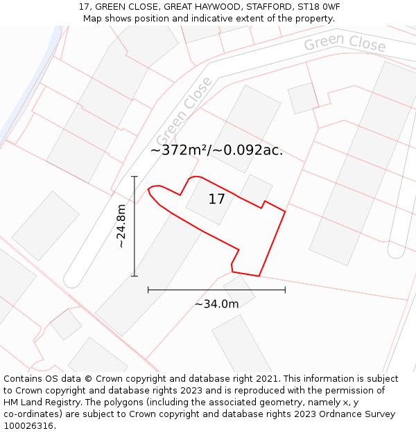17, GREEN CLOSE, GREAT HAYWOOD, STAFFORD, ST18 0WF: Plot and title map