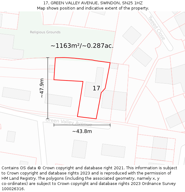 17, GREEN VALLEY AVENUE, SWINDON, SN25 1HZ: Plot and title map