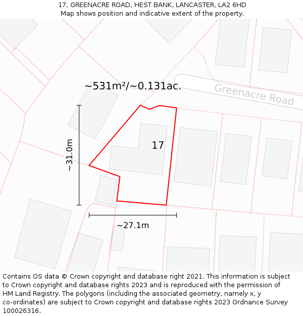 17, GREENACRE ROAD, HEST BANK, LANCASTER, LA2 6HD: Plot and title map