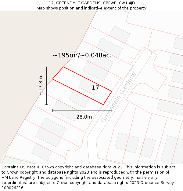 17, GREENDALE GARDENS, CREWE, CW1 4JD: Plot and title map