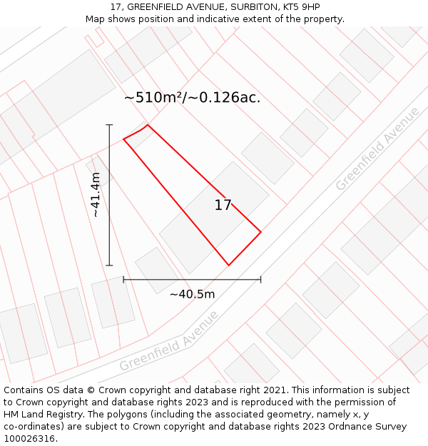 17, GREENFIELD AVENUE, SURBITON, KT5 9HP: Plot and title map