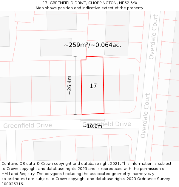 17, GREENFIELD DRIVE, CHOPPINGTON, NE62 5YX: Plot and title map