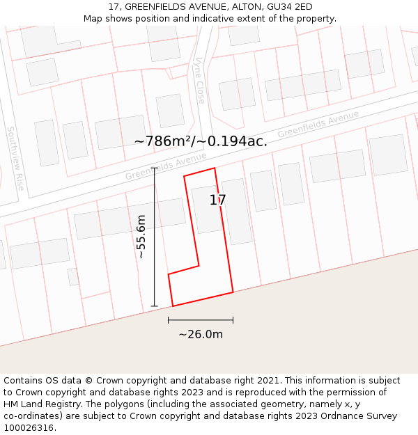 17, GREENFIELDS AVENUE, ALTON, GU34 2ED: Plot and title map