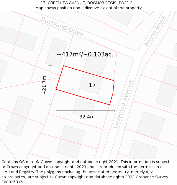 17, GREENLEA AVENUE, BOGNOR REGIS, PO21 3LH: Plot and title map