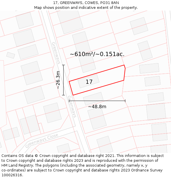 17, GREENWAYS, COWES, PO31 8AN: Plot and title map