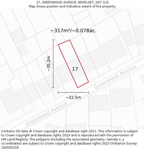 17, GREENWOOD AVENUE, BENFLEET, SS7 1LD: Plot and title map