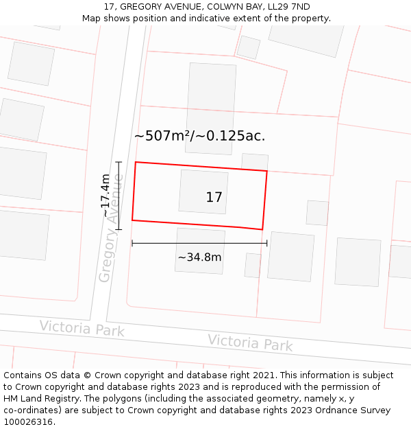 17, GREGORY AVENUE, COLWYN BAY, LL29 7ND: Plot and title map